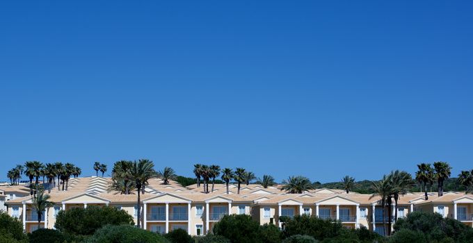 Luxury Residential District with New Modern and Elegant Houses between Green Palm Trees closeup on Blue Sky background Outdoors