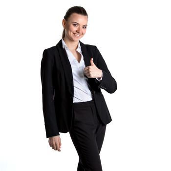 Portrait of young businesswoman in black suit isolated on white background