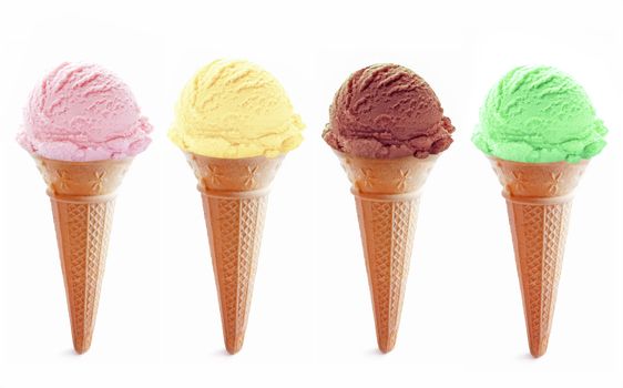 Assorted ice cream cones including strawberry, vanilla, chocolate and mint