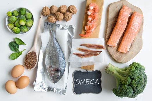 Food sources rich in omega including seafood, vegetables and seeds 