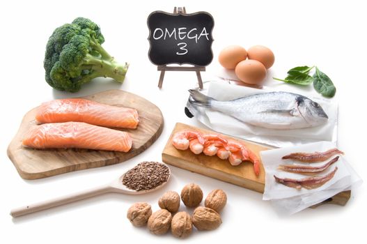 Collection of foods high in fatty acids omega 3 including seafood, vegetables and seeds 