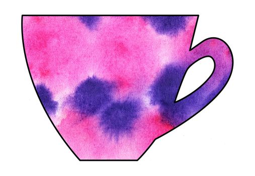 Cup of tea and coffee. Handmade. Watercolor Mixed media. Cut paper. Tea time. Purple Pink