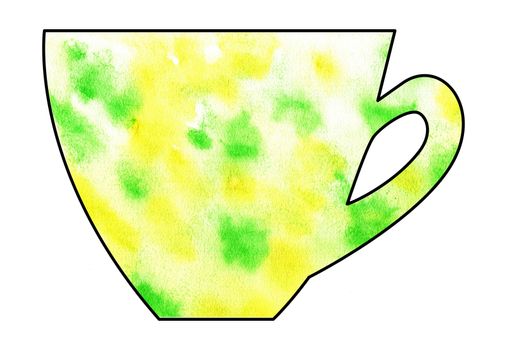 Cup of tea and coffee. Handmade. Watercolor, Mixed media. Cut paper. Tea time. Green and Yellow