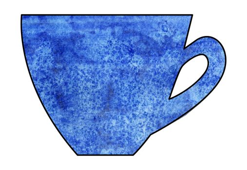 Cup of tea and coffee. Handmade. Watercolor Mixed media. Cut paper. Tea time. Blue