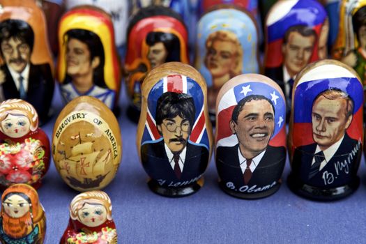 Russian Dolls of famous people, John Leonard, Barack Obama, Vladimir Putin displayed in New York City, USA