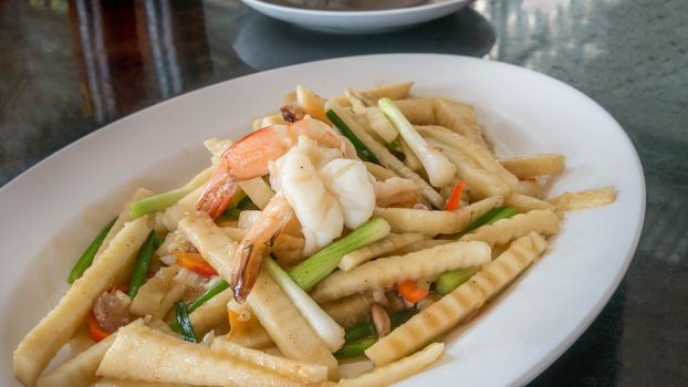 Stir fried bamboo shoots  and vegetables with shrimp