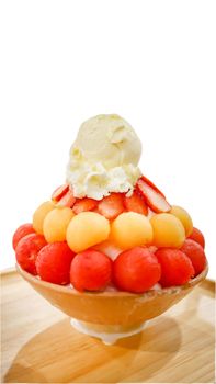 Close up the ice melon and strawberry Bingsu, famous korean ice-cream over white background