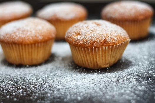 muffins in powdered sugar on a dark table