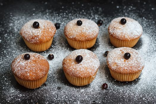 Muffins with black currant sprinkled with powdered sugar.