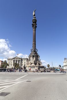 BARCELONA, SPAIN - MAY 11, 2016 : Columbus Monument on  Placa Portal de la Pau , Barcelona, Spain. Bronze statue  sculpted by Rafael Atche, situated on top of a 40-meter Corinthian column.