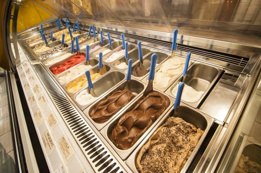 Display of artisanal natural ice cream gelato made in italy
