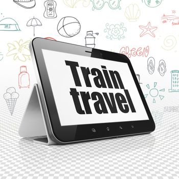 Travel concept: Tablet Computer with  black text Train Travel on display,  Hand Drawn Vacation Icons background, 3D rendering