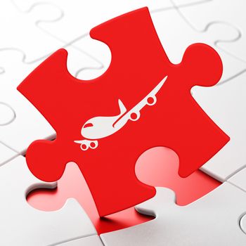 Vacation concept: Airplane on Red puzzle pieces background, 3D rendering