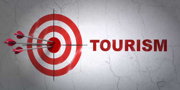 Success travel concept: arrows hitting the center of target, Red Tourism on wall background, 3D rendering