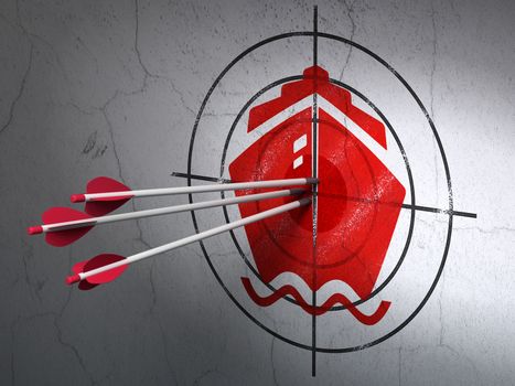 Success tourism concept: arrows hitting the center of Red Ship target on wall background, 3D rendering