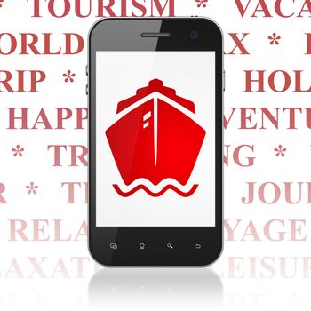 Vacation concept: Smartphone with  red Ship icon on display,  Tag Cloud background, 3D rendering