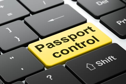 Travel concept: computer keyboard with word Passport Control, selected focus on enter button background, 3D rendering