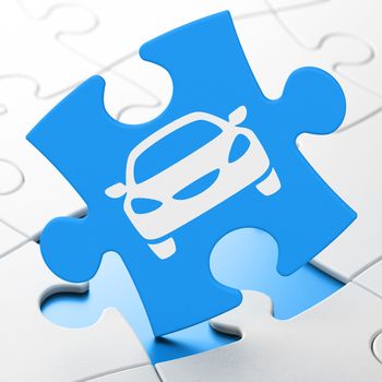 Vacation concept: Car on Blue puzzle pieces background, 3D rendering