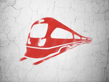 Tourism concept: Red Train on textured concrete wall background