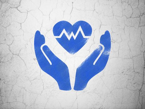 Insurance concept: Blue Heart And Palm on textured concrete wall background