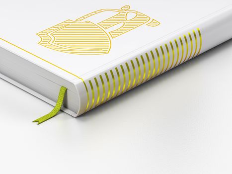 Insurance concept: closed book with Gold Car And Shield icon on floor, white background, 3D rendering
