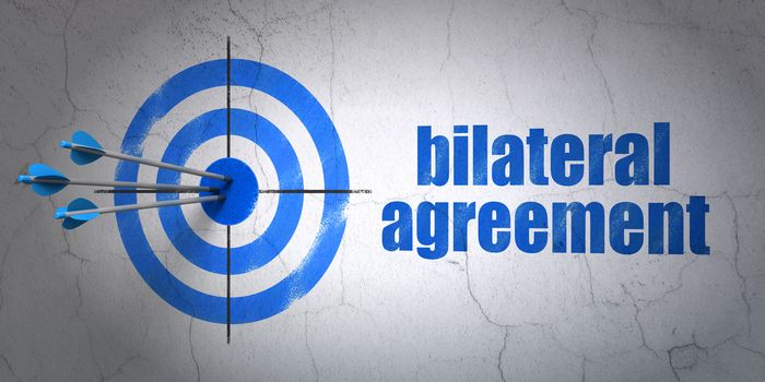 Success Insurance concept: arrows hitting the center of target, Blue Bilateral Agreement on wall background, 3D rendering