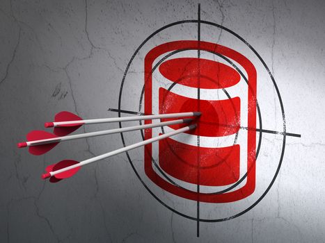 Success Software concept: arrows hitting the center of Red Database target on wall background, 3D rendering