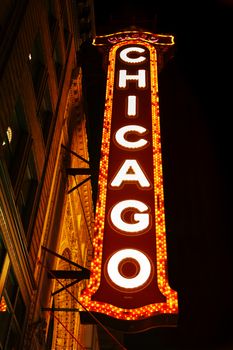 CHICAGO - SEPTEMBER 7: Chicago theather neon sign on September 7, 2015 in Chicago, IL. It's a landmark theater located on North State Street in the Loop area of Chicago.