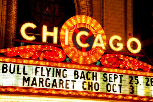 CHICAGO - SEPTEMBER 7: Chicago theather neon sign on September 7, 2015 in Chicago, IL. It's a landmark theater located on North State Street in the Loop area of Chicago.