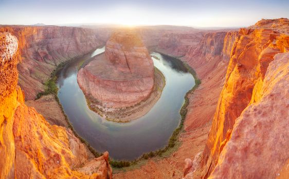 Panoramic overview of Horseshoe Bend near Page, Arizona at sunset