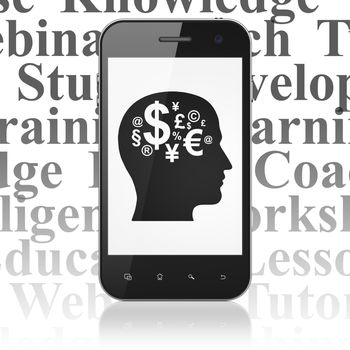 Education concept: Smartphone with  black Head With Finance Symbol icon on display,  Tag Cloud background, 3D rendering