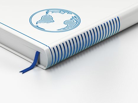 Learning concept: closed book with Blue Globe icon on floor, white background, 3D rendering