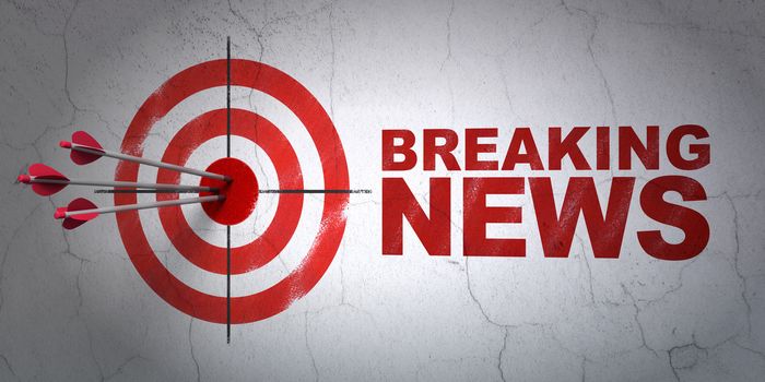 Success news concept: arrows hitting the center of target, Red Breaking News on wall background, 3D rendering