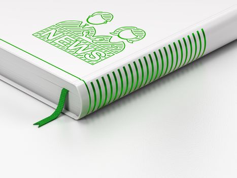 News concept: closed book with Green Anchorman icon on floor, white background, 3D rendering