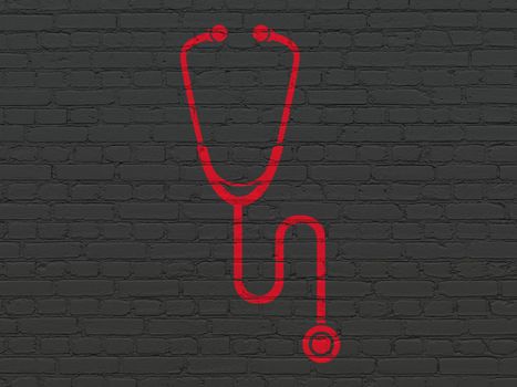 Healthcare concept: Painted red Stethoscope icon on Black Brick wall background