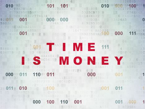 Time concept: Painted red text Time Is money on Digital Data Paper background with Binary Code