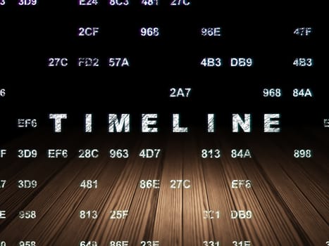 Time concept: Glowing text Timeline in grunge dark room with Wooden Floor, black background with Hexadecimal Code