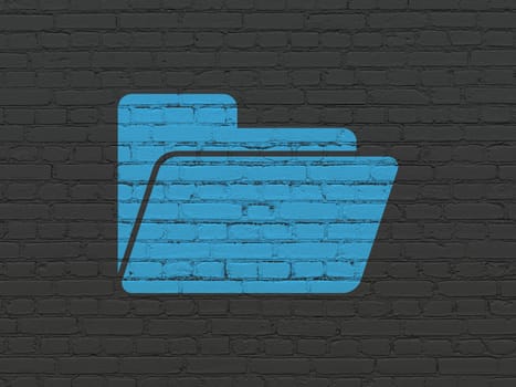 Business concept: Painted blue Folder icon on Black Brick wall background