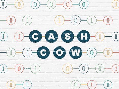 Finance concept: Painted blue text Cash Cow on White Brick wall background with Binary Code
