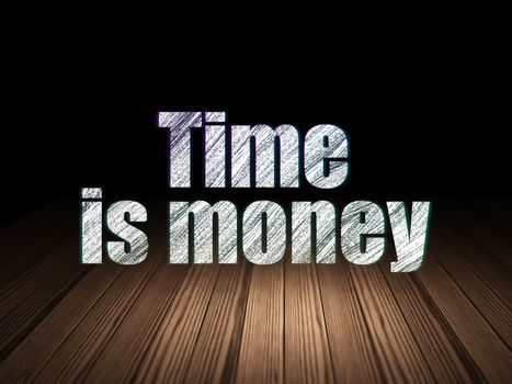 Business concept: Glowing text Time Is money in grunge dark room with Wooden Floor, black background