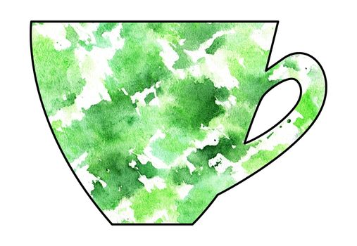 Cup of tea and coffee. Handmade. Watercolor, Mixed media. Cut paper. Tea time. Green and White