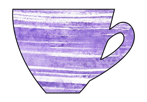 Cup of tea and coffee. Handmade. Watercolor Mixed media. Cut paper. Tea time. Purple