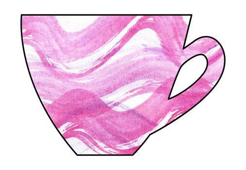 Cup of tea and coffee. Handmade. Watercolor Mixed media. Cut paper. Tea time. Pink