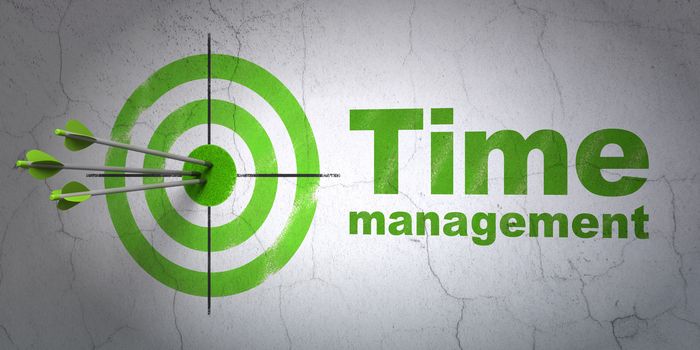 Success timeline concept: arrows hitting the center of target, Green Time Management on wall background, 3D rendering