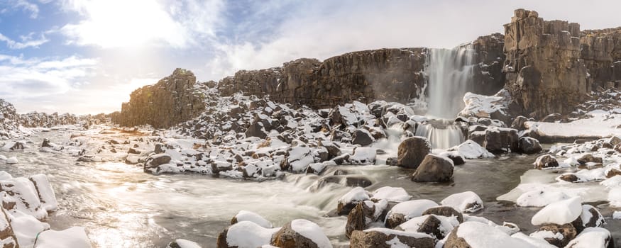 Oxararfoss Waterfall in the winter in pingvellir valley National Park in Iceland panorama