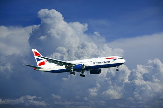 Larnaca, Cyprus - May 22, 2016: British Airways Airbus A320 landing at Larnaca International Airport
