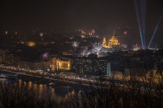 New Year Celebration. Fireworks over Budapest, Hungary.