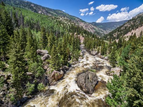 Cache la Poudre River below Poudre Falls - aerial view in early summer with high flow