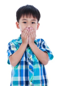 Portrait of asian handsome boy covering his mouth. Isolated on white background. Negative human emotion, facial expression feeling reaction. Studio shot.