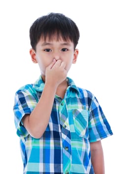 Portrait of asian handsome boy covering his nose. Isolated on white background. Negative human emotion, facial expression feeling reaction. Studio shot.